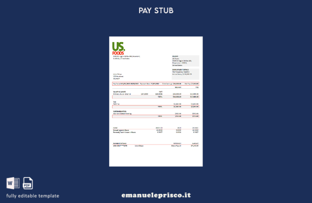 modello di busta paga della società di distribuzione alimentare USA US Foods in 